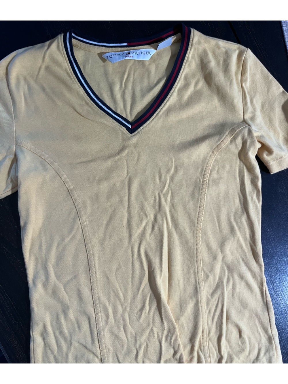 Tommy Hilfiger Yellow V-Neck Polo with Navy and Red Trim